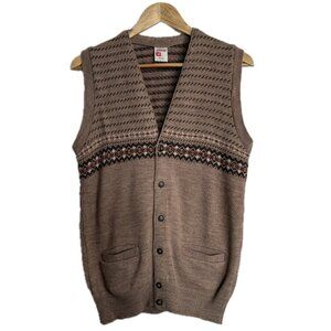 Vintage Sweater Vest Men Brown Tan Medium FairIsle Cardigan 70s Grandpa Retro